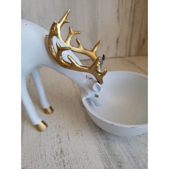 Metal bowl candy serving Xmas deer buck Xmas figure decor gold white unique - Picture 8 of 10